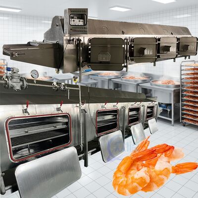 Guter Preis Energieeinsparende Dampfkochmaschine für die Verarbeitung von Meeresfrüchten der neueste automatische Kochkanal 3.7kw Garnelen Kochlinie Online